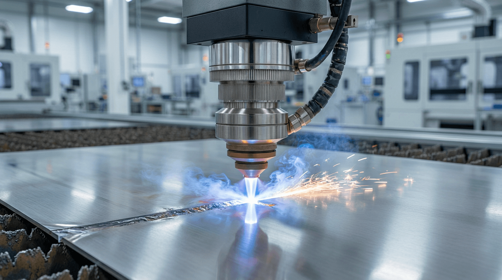 A close-up of a high-power fiber laser cutting head slicing through stainless steel with a bright bl