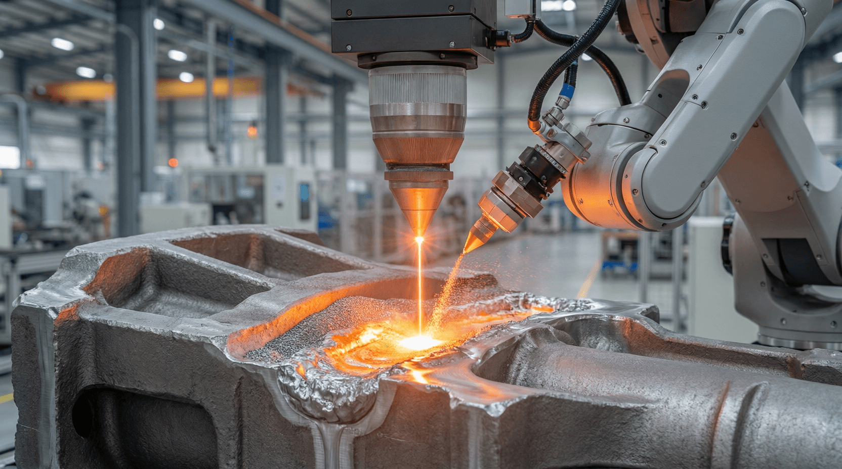 Laser cladding machine depositing metal powder onto industrial component