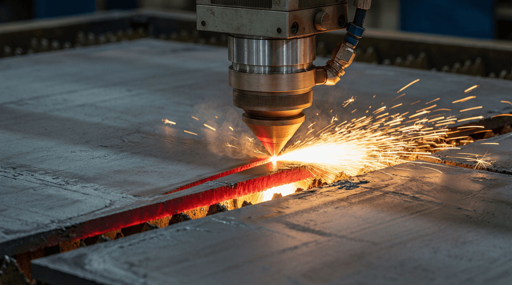 Close-up of a high-power laser cutting head slicing through a thick carbon steel plate, showing brig