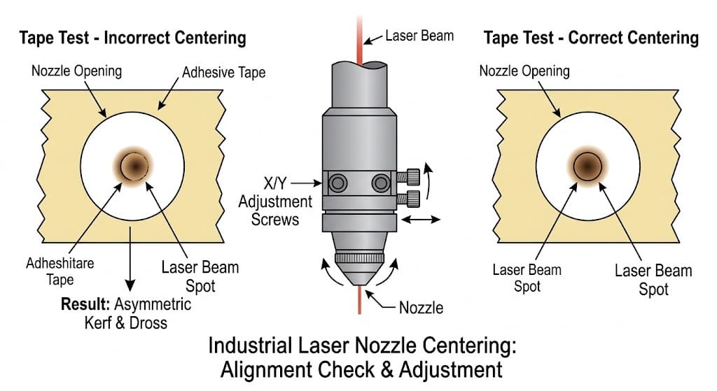 Industrial Laser Nozzle Centering: Precision Alignment for Asymmetric Kerf & Dross checking and adjustment
