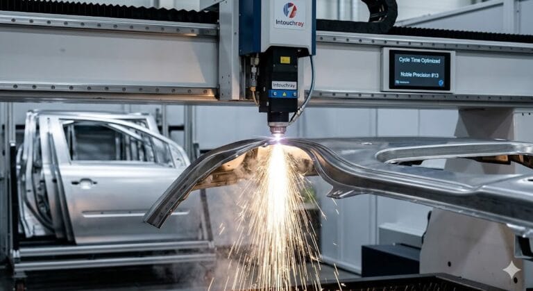 High-precision Automotive Laser Cutting Body Panels Structures system showing laser beam path and component integration.