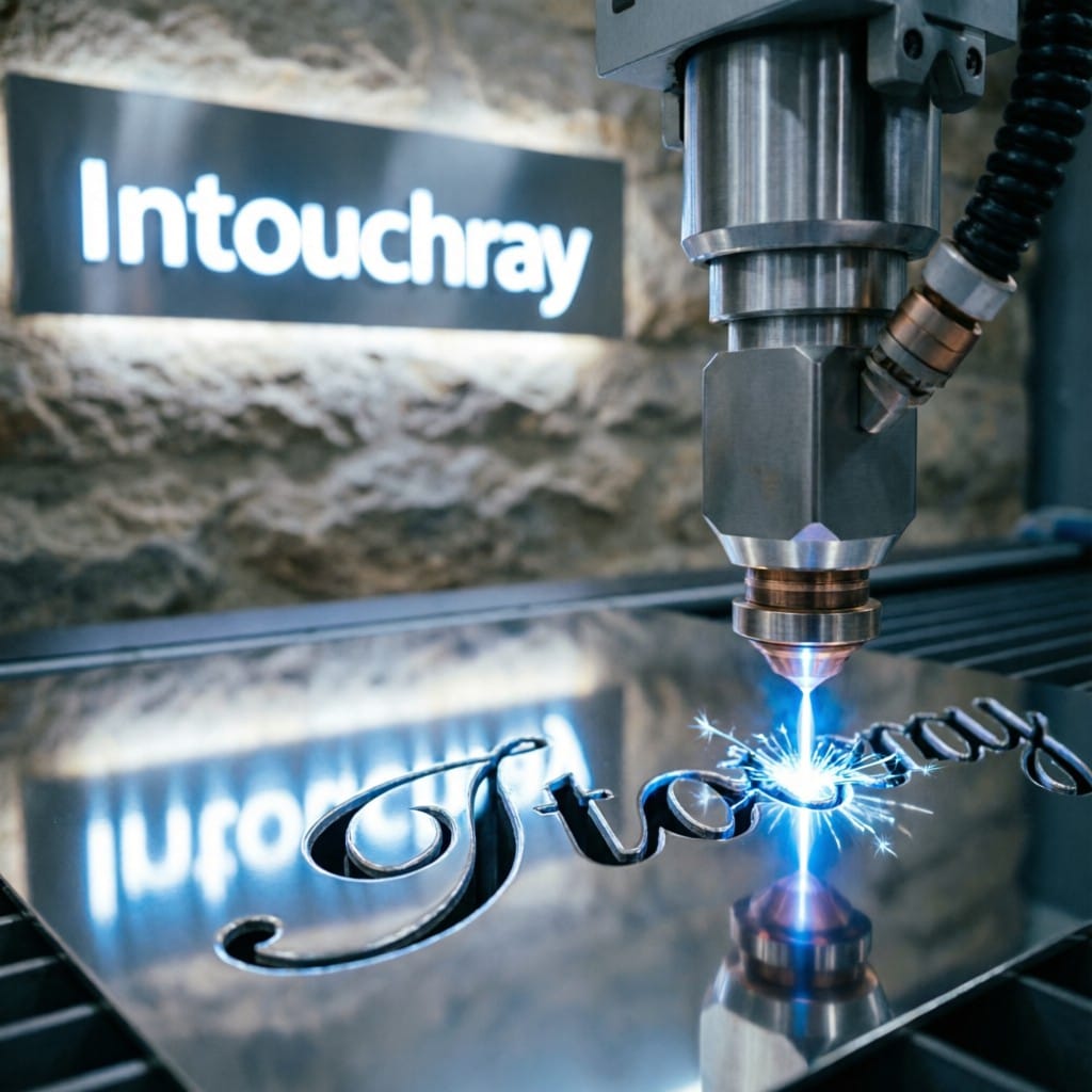 High-precision Laser Cutting Metal Signage Branding system showing laser beam path and component integration.