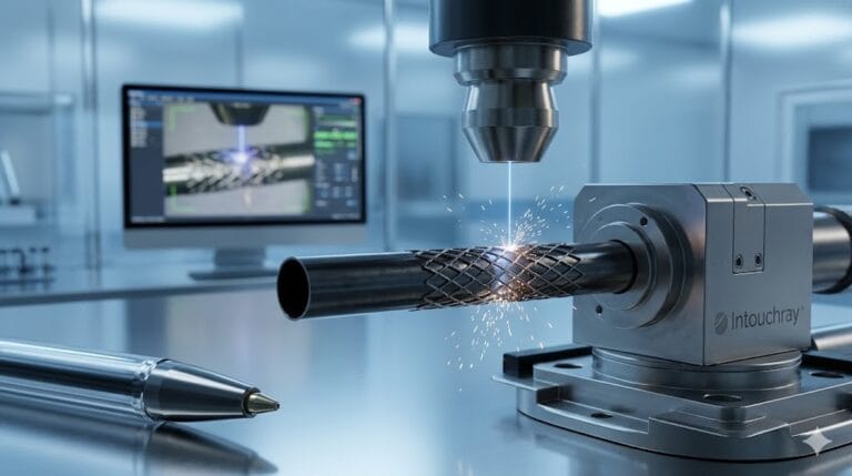 High-precision Medical Device Micromachining Laser Precision system showing laser beam path and component integration.