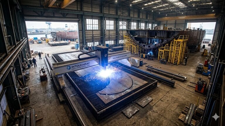 High-precision Shipbuilding Laser Cutting Plasma Replacement system showing laser beam path and component integration.