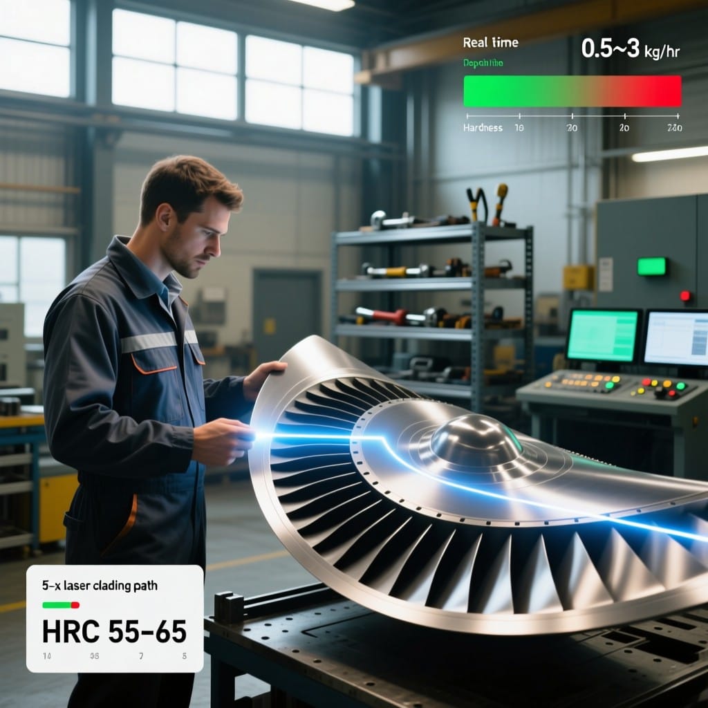 5-axis CNC laser cladding simulation with deposition rate and hardness data overlay