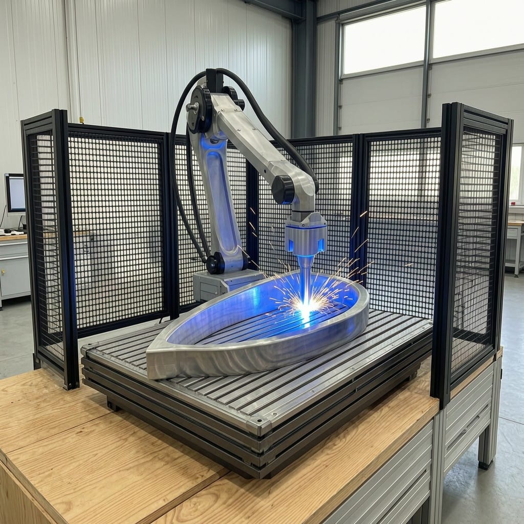 5-axis CNC laser welding system tracing complex 3D titanium bracket with micron precision in industrial setting