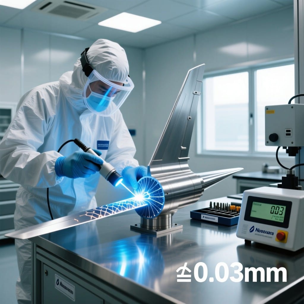 Aerospace engineer inspecting fiber laser welded titanium spar with micron-level accuracy readout