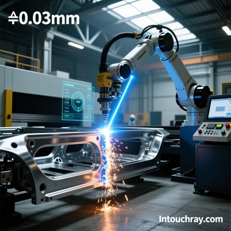 Robotic fiber laser welding system performing automated seam tracking on automotive chassis with real-time deviation overlay