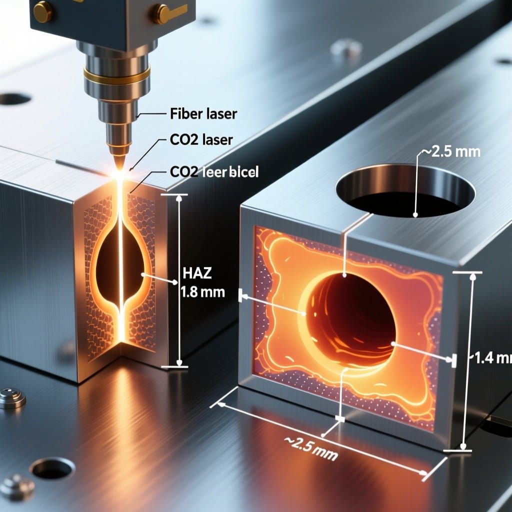 Comparison of fiber laser vs CO2 laser weld pool geometry in steel with annotations