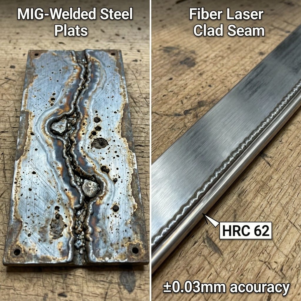 Comparison of MIG weld vs fiber laser clad seam on steel plate showing HAZ width and surface finish differences