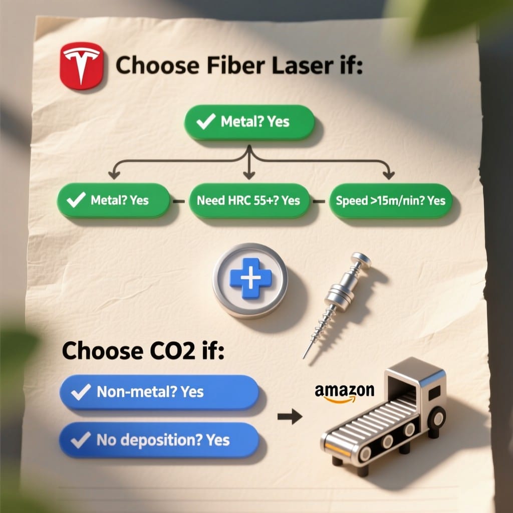 Decision flowchart for selecting fiber vs CO2 handheld laser by application