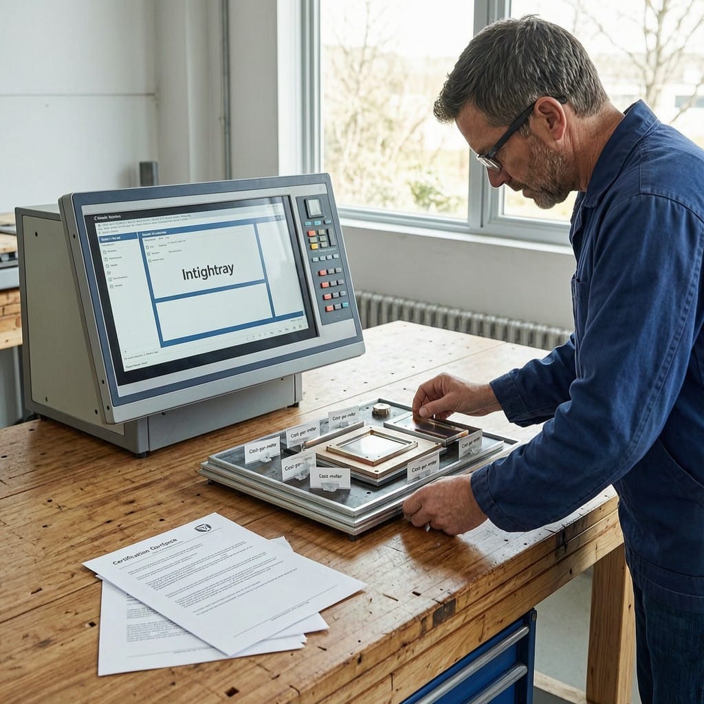Engineer evaluating laser-welded sample kit with cost tags and compliance certificates from Intouchray