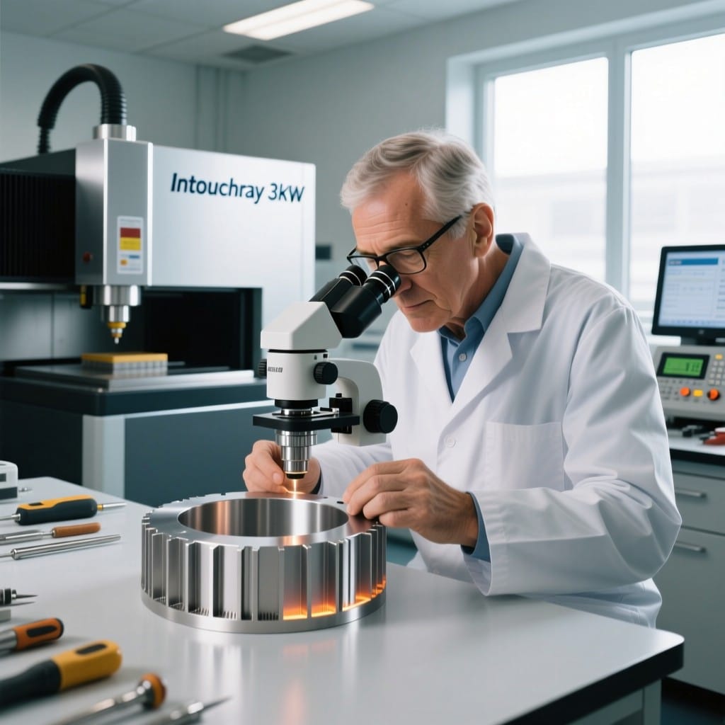 Engineer inspecting laser-cut titanium alloy with minimized HAZ using Intouchray fiber laser system