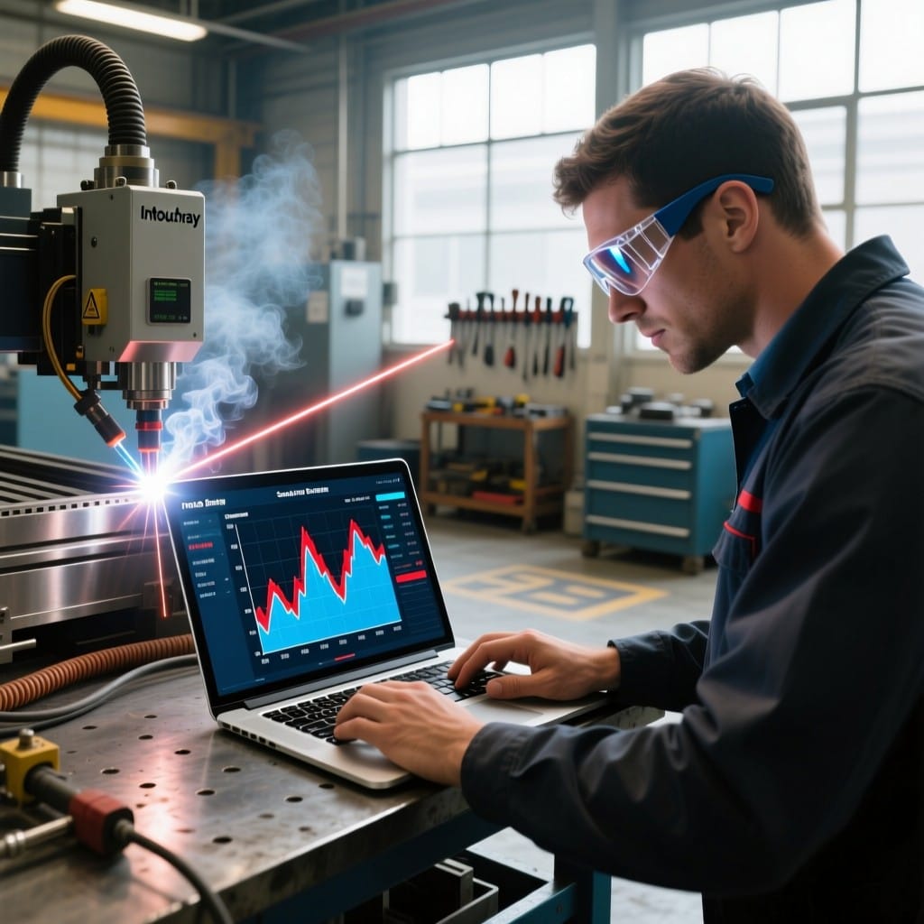 Engineer monitoring live weld analytics on Intouchray laser system during furniture production