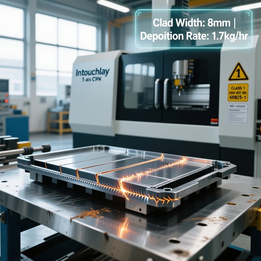 EV battery tray with laser-clad seams produced by Intouchray 5-axis CNC system