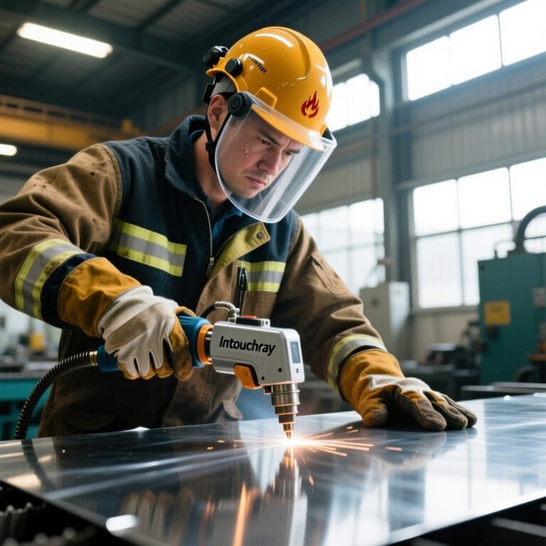 Factory operator using Intouchray ergonomic laser torch during long shift with reduced hand strain