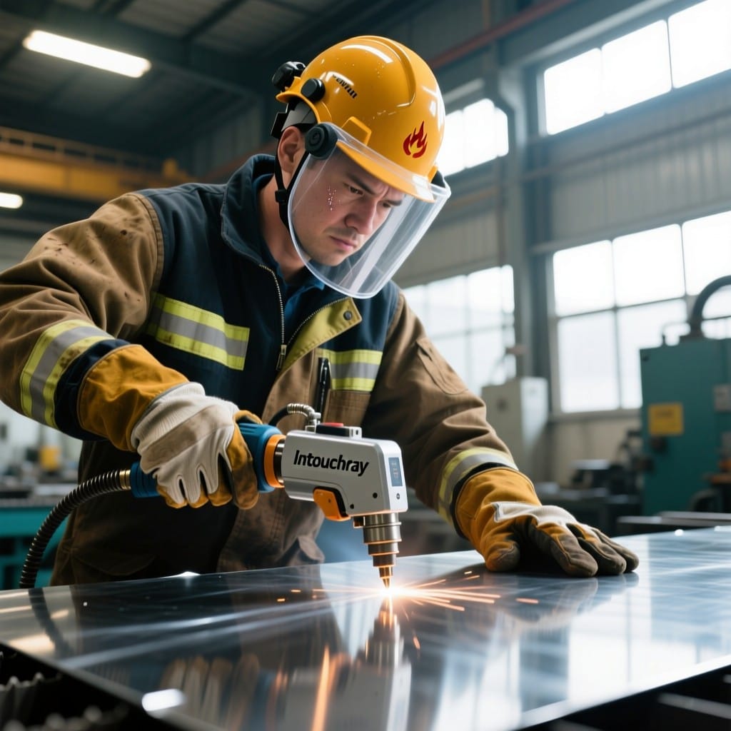 Factory operator using Intouchray ergonomic laser torch during long shift with reduced hand strain