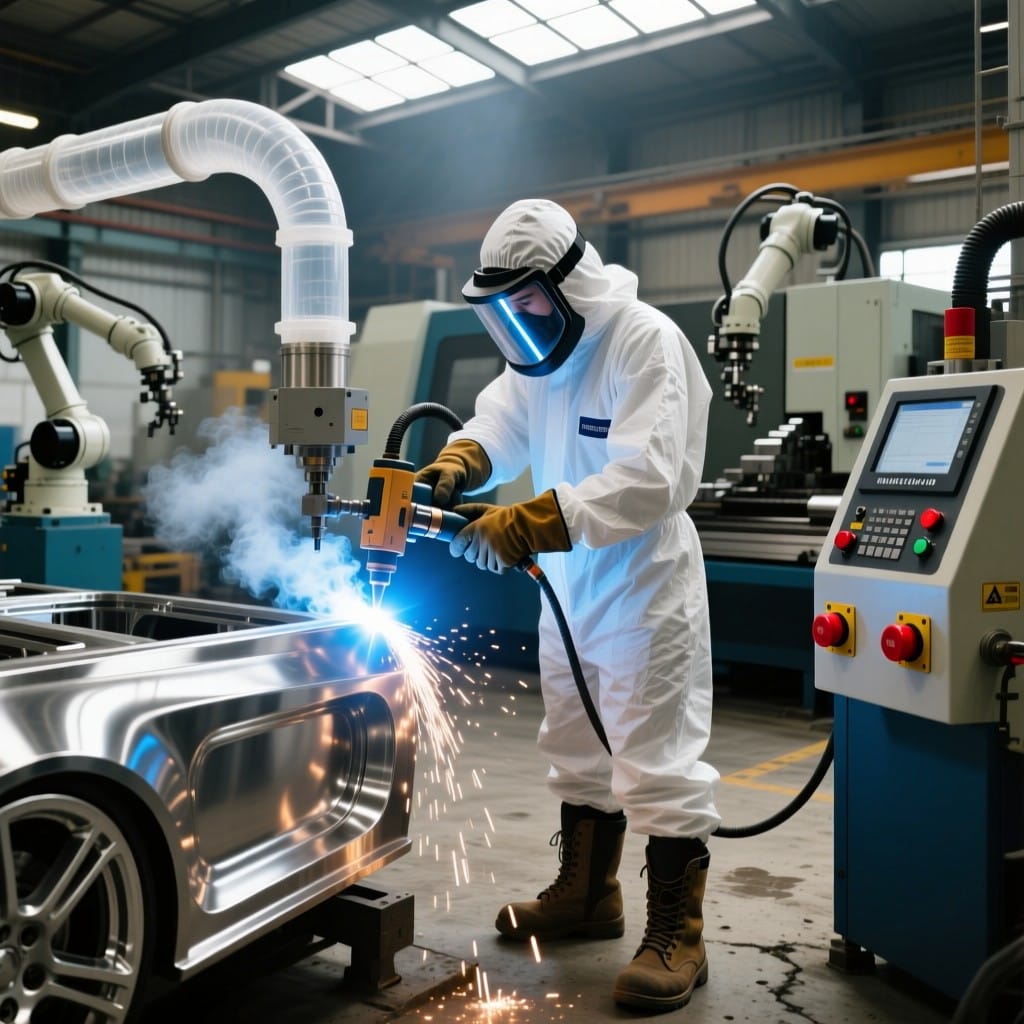 Factory technician using Intouchray handheld fiber laser with full safety gear in industrial environment
