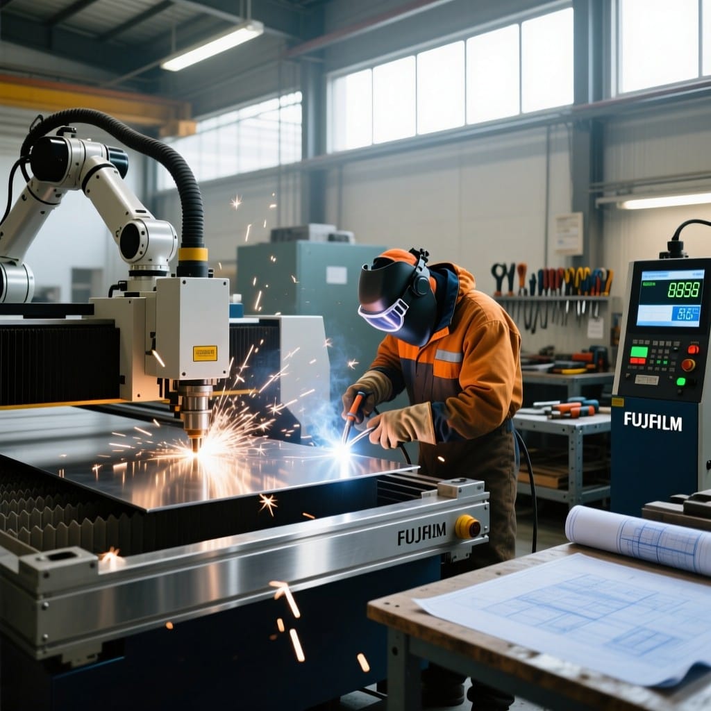 Fiber laser cutting vs MIG welding on a busy job shop floor with performance data visible
