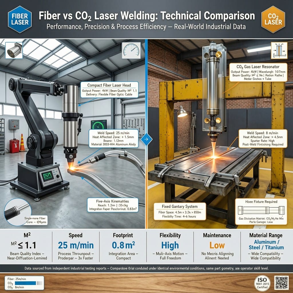 Fiber laser vs CO2 laser comparison for multi-axis welding — annotated with beam quality, speed, and efficiency specs