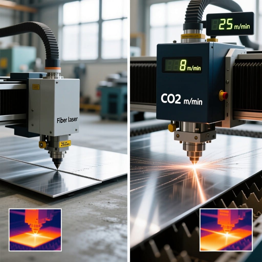 Fiber laser vs CO2 laser cutting 1mm stainless steel with speed and HAZ comparison overlays