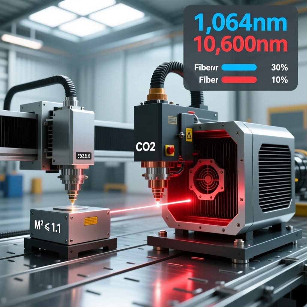 Fiber laser vs CO2 laser welding head comparison with wavelength and efficiency data