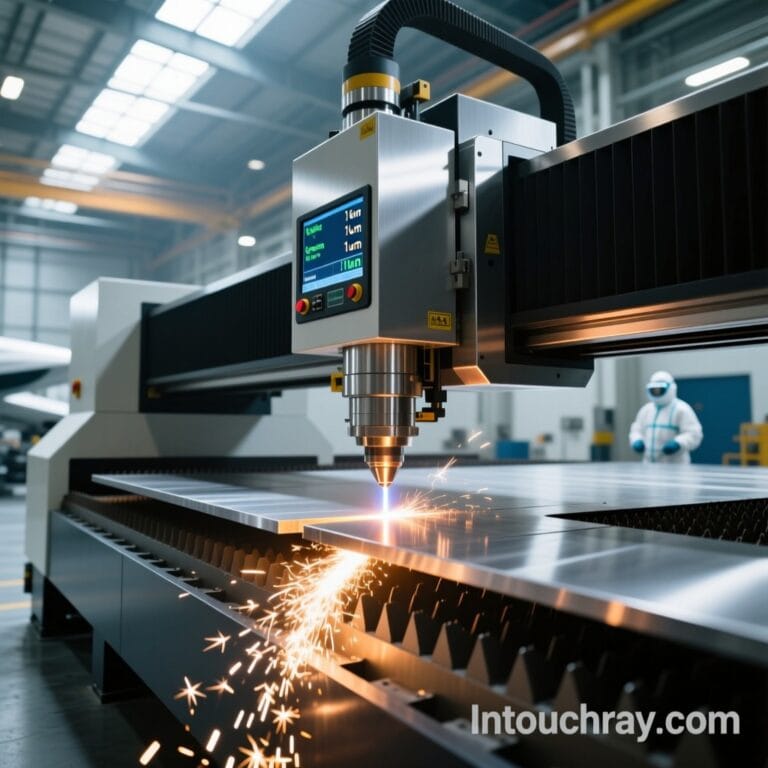 Engineer inspecting laser-cut titanium alloy with minimized HAZ using Intouchray fiber laser system