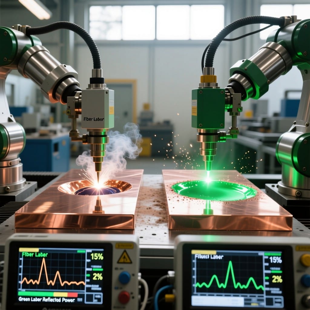 Fiber laser vs green laser back-reflection levels during copper welding
