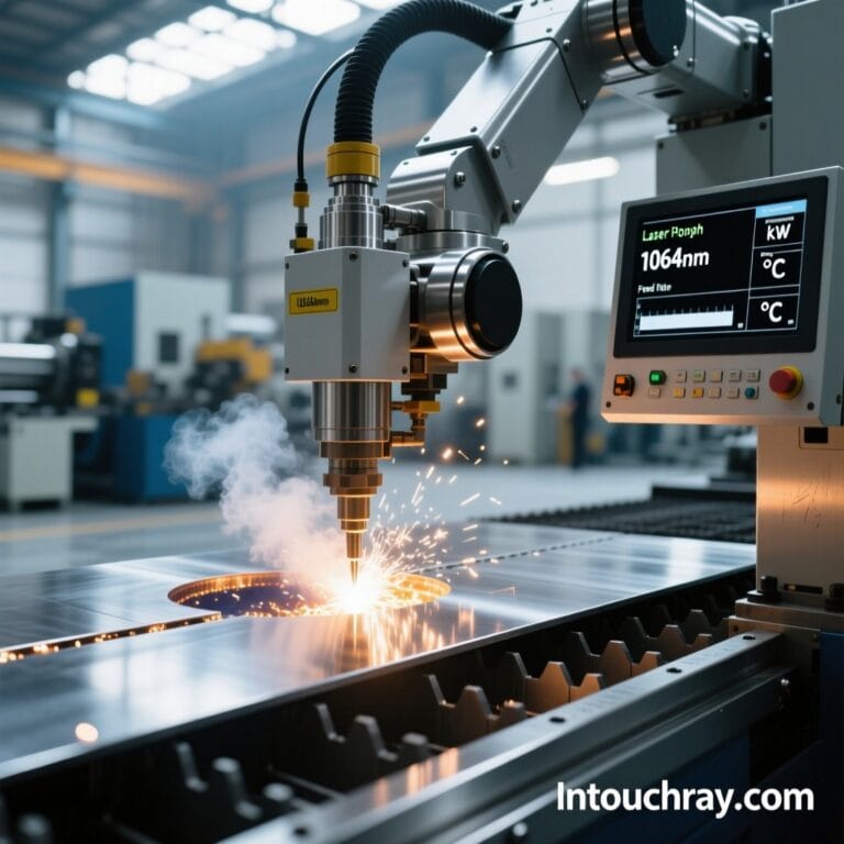 Fiber laser welding stainless steel with visible molten pool and vapor plume in industrial setting