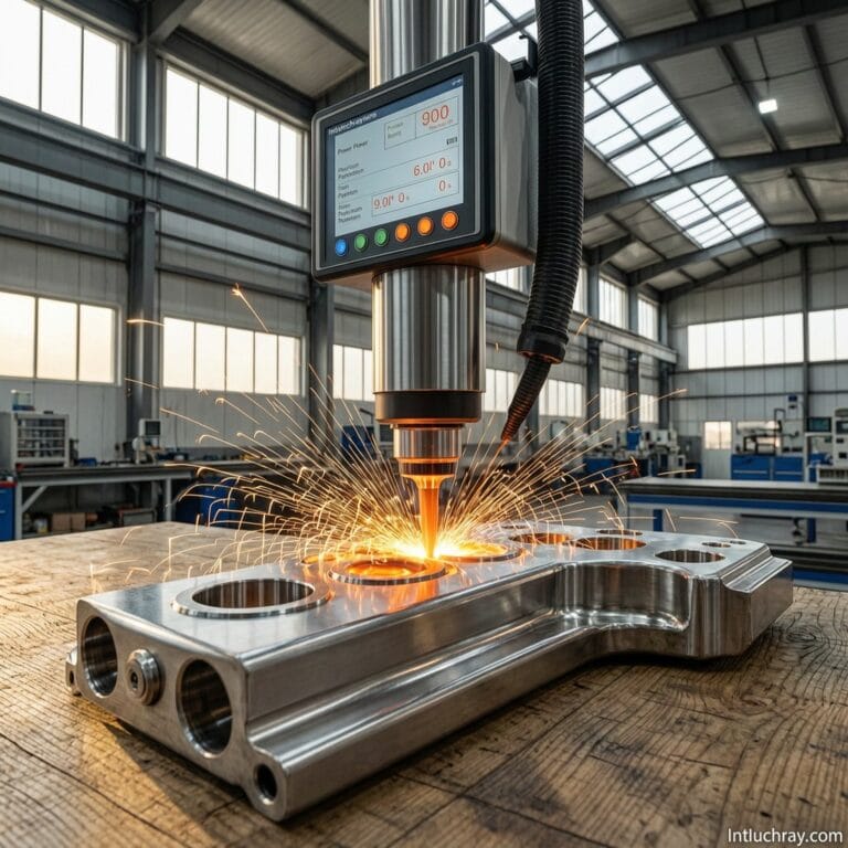Fiber laser welding robotic arm executing precision weld on stainless steel automotive part with real-time laser parameter d