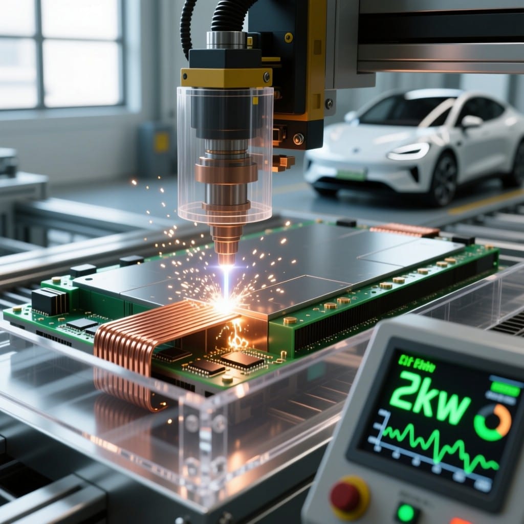 Fiber laser welding copper busbars in EV battery module with power stability monitoring