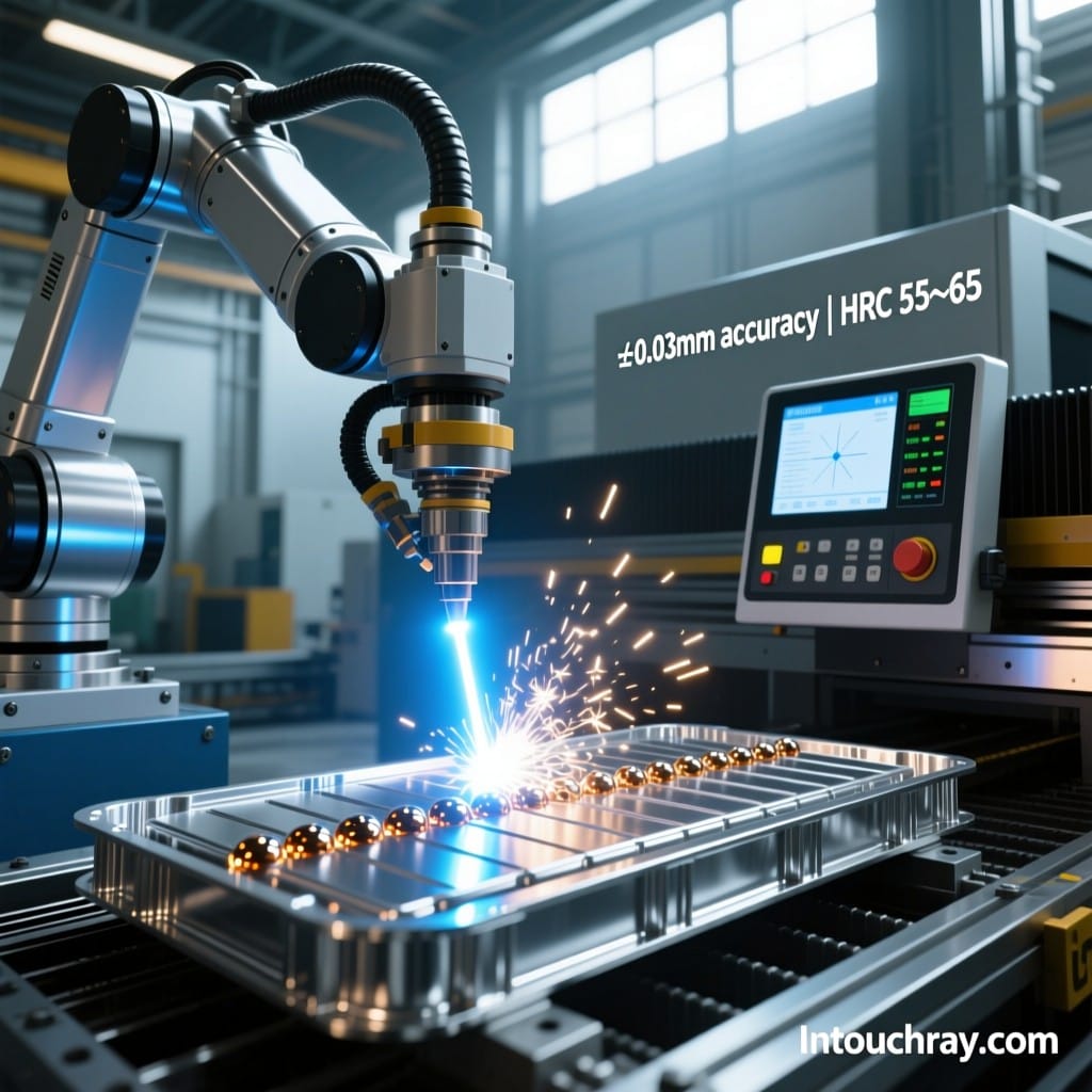 Robotic laser welding of EV battery tray in automotive factory with real-time monitoring