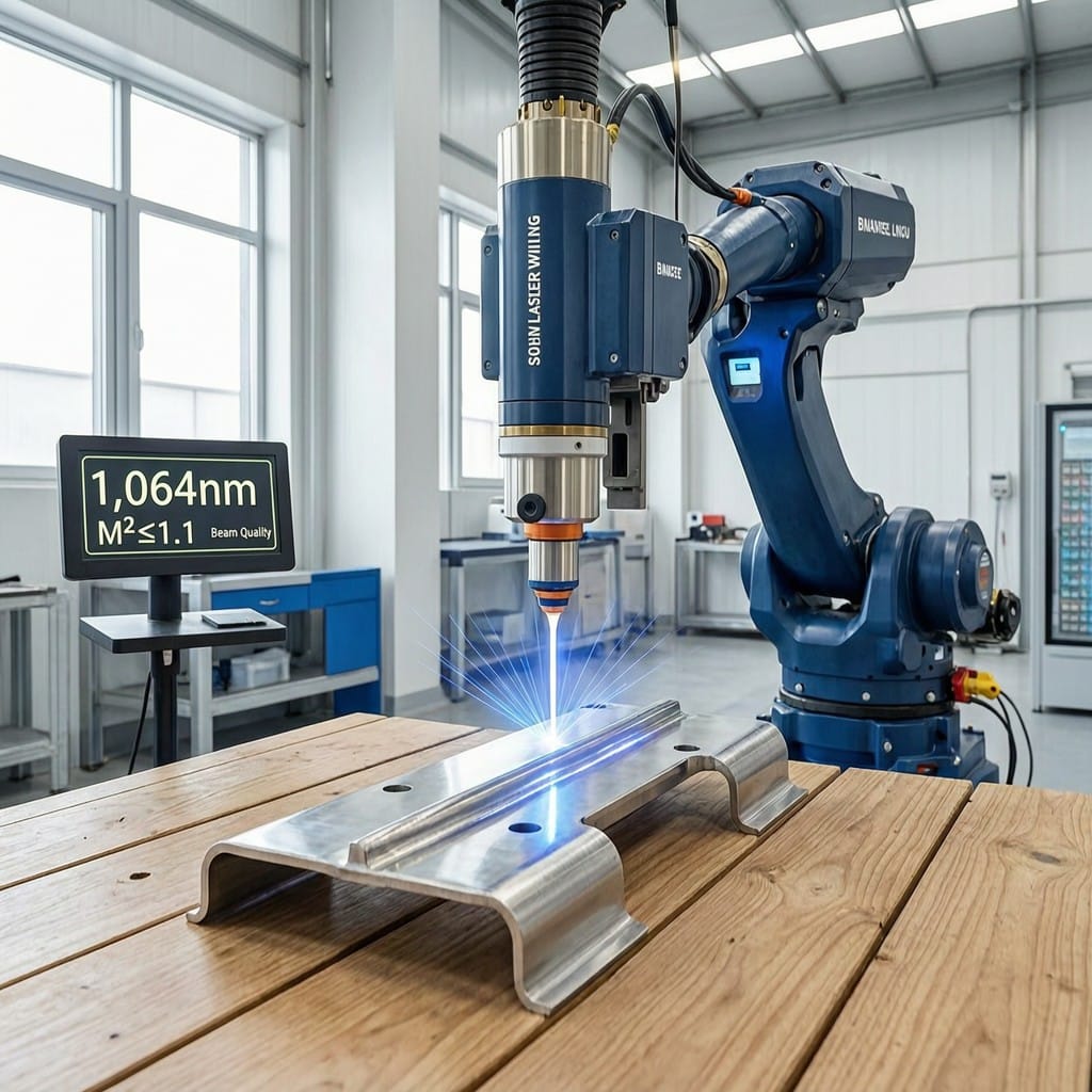 Fiber laser welding robotic arm executing precision weld on stainless steel automotive part with real-time laser parameter display