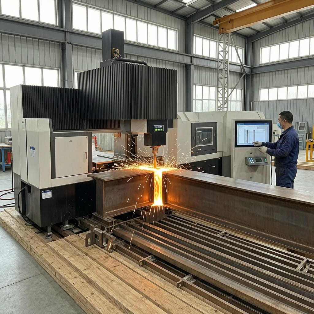 Fiber laser welding system bridging 3mm gap on large steel beam assembly in industrial setting