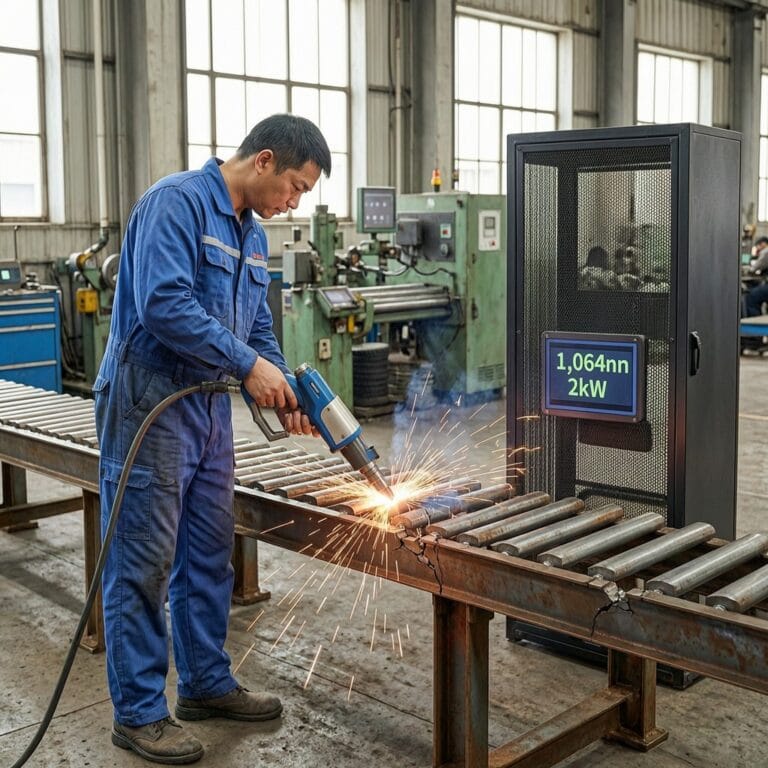 Field technician performing on-site repair with Intouchray portable laser welder on live production line