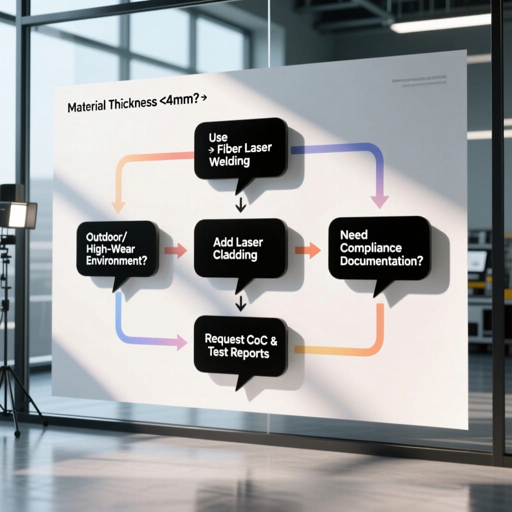 Flowchart: Choose fiber laser welding or cladding based on material and application needs