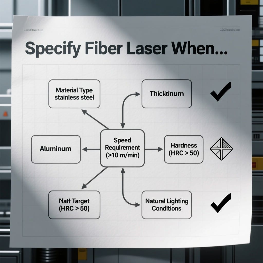 Flowchart for specifying fiber laser systems based on material, speed, and hardness targets