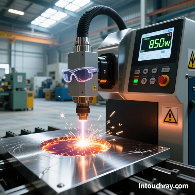 Technician performing handheld laser welding on stainless steel component in clean, well-lit workshop environment