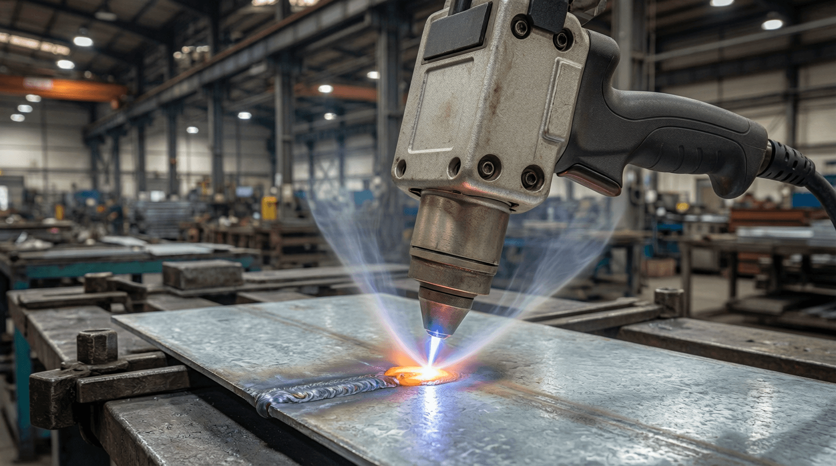 Handheld laser welding machine in operation on a factory floor, bright laser beam creating a weld po