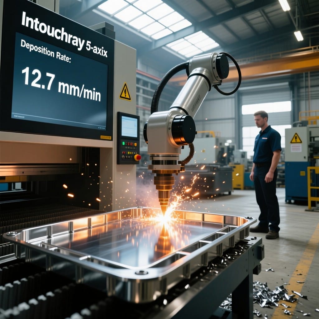 Intouchray 5-axis CNC laser cladding system hardening EV battery tray with 1.8 kg/hr deposition rate and HRC 60 hardness