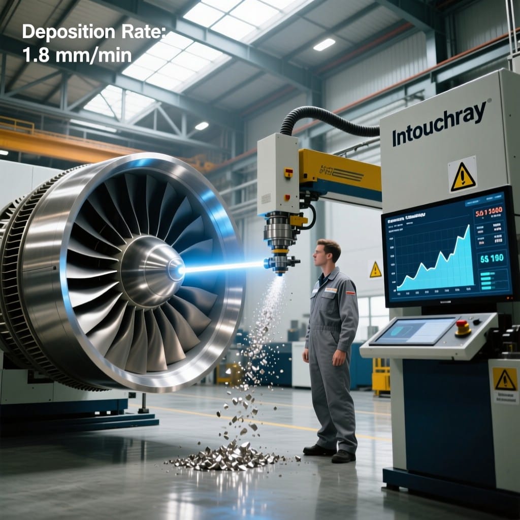 Intouchray 5-axis laser cladding system repairing turbine blade with controlled HAZ
