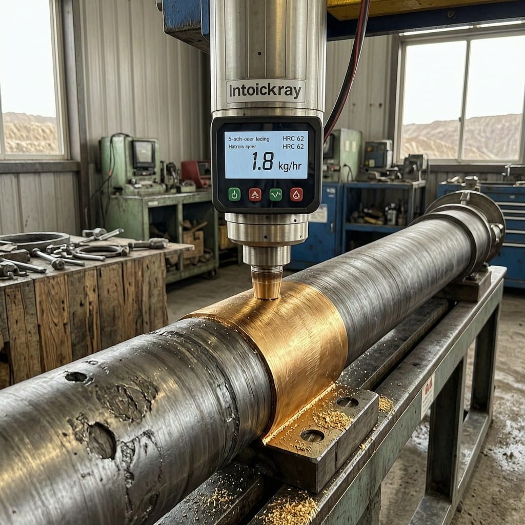 Intouchray 5-axis laser cladding system repairing hydraulic cylinder with high-hardness metal deposition in industrial setting