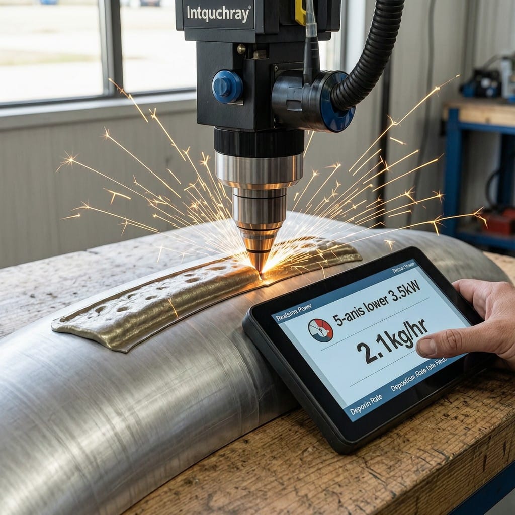 Intouchray 5-axis laser cladding system applying HRC 60+ coating to aerospace titanium part at 2.1kg/hr