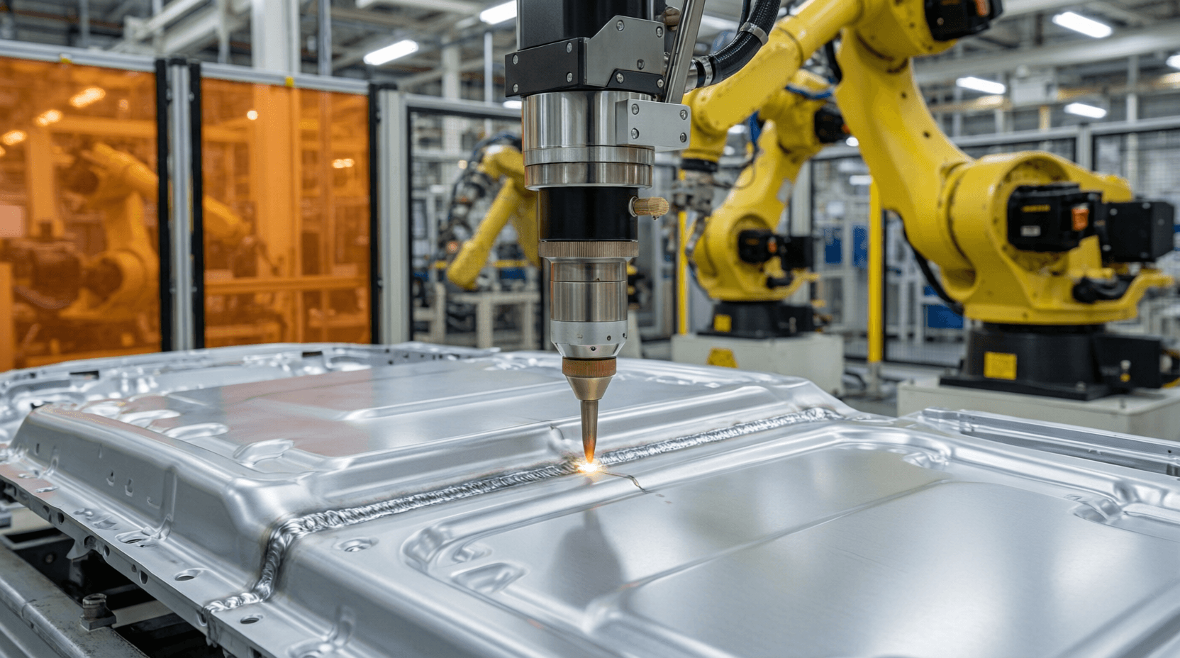Robotic fiber laser welding aluminum battery tray sections in an EV manufacturing facility