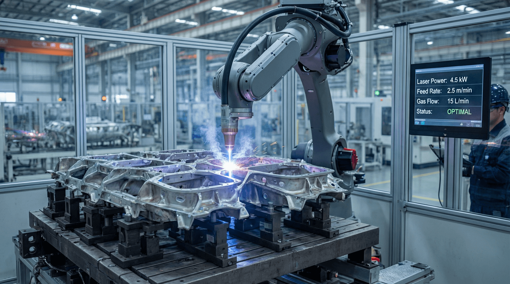 Robotic laser welding cell in an aerospace manufacturing facility showing multiple aerospace compone