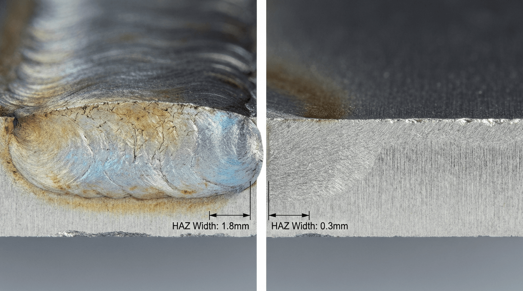 Macro cross-section comparison showing TIG weld with 5mm HAZ versus fiber laser weld with 1.2mm HAZ on 2mm sheet steel
