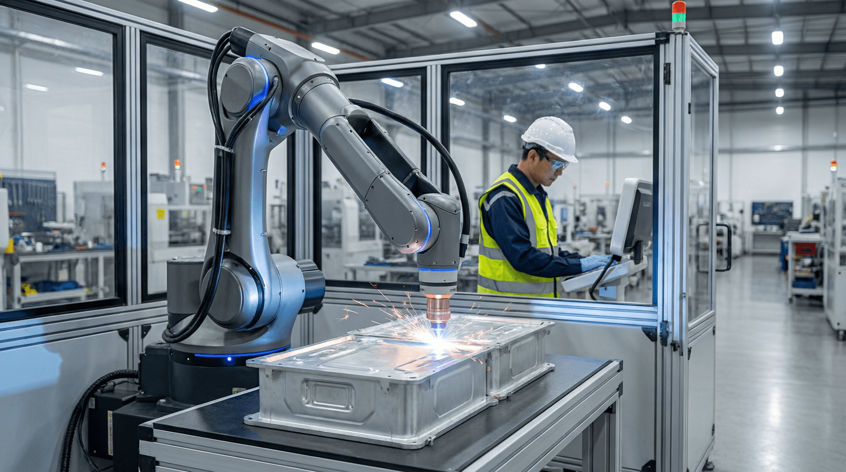 Intouchray LW-1500 laser welding system in operation on aluminium battery enclosure