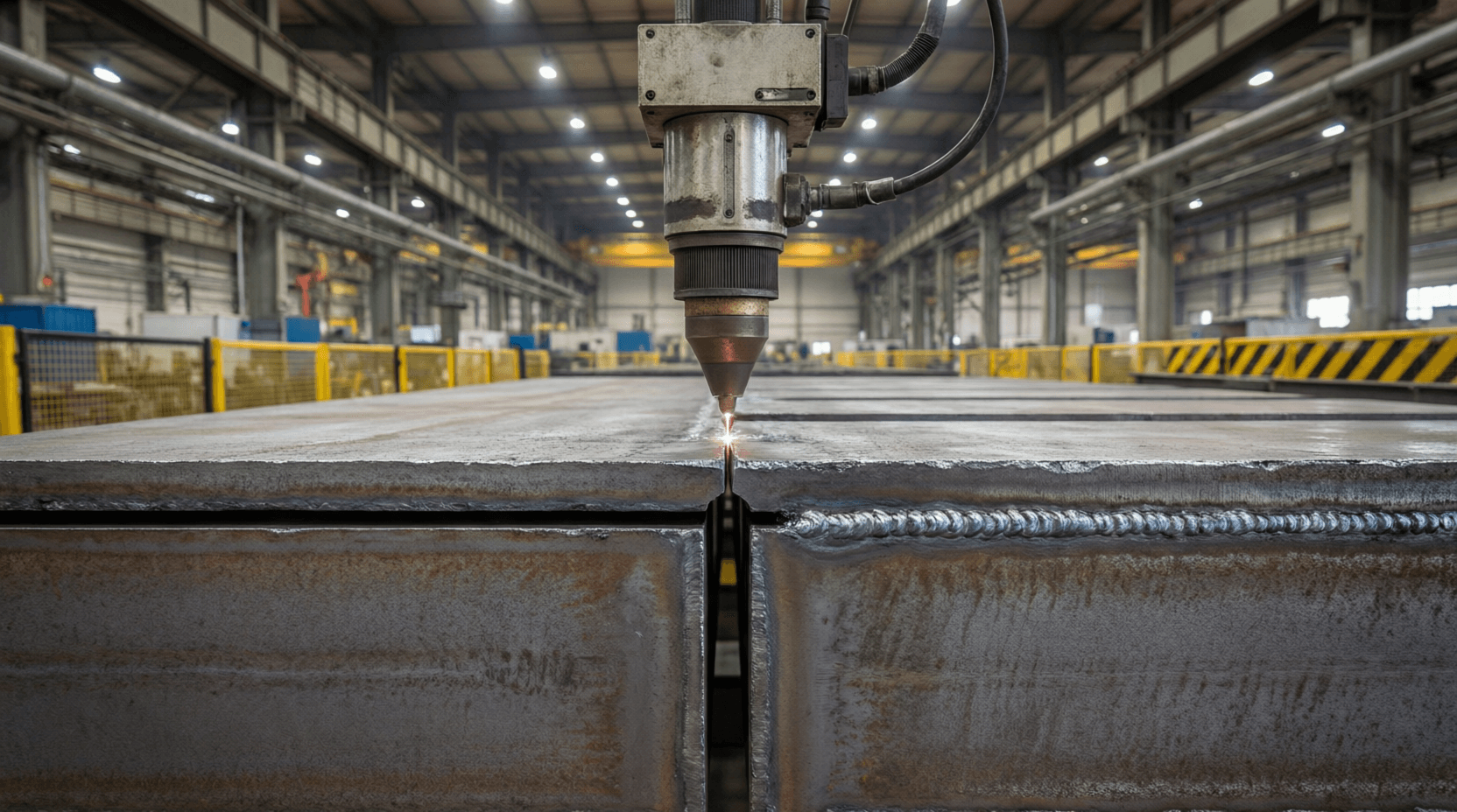 laser welding bridging - Laser welding head positioned over a 3mm gap between large steel beams in 