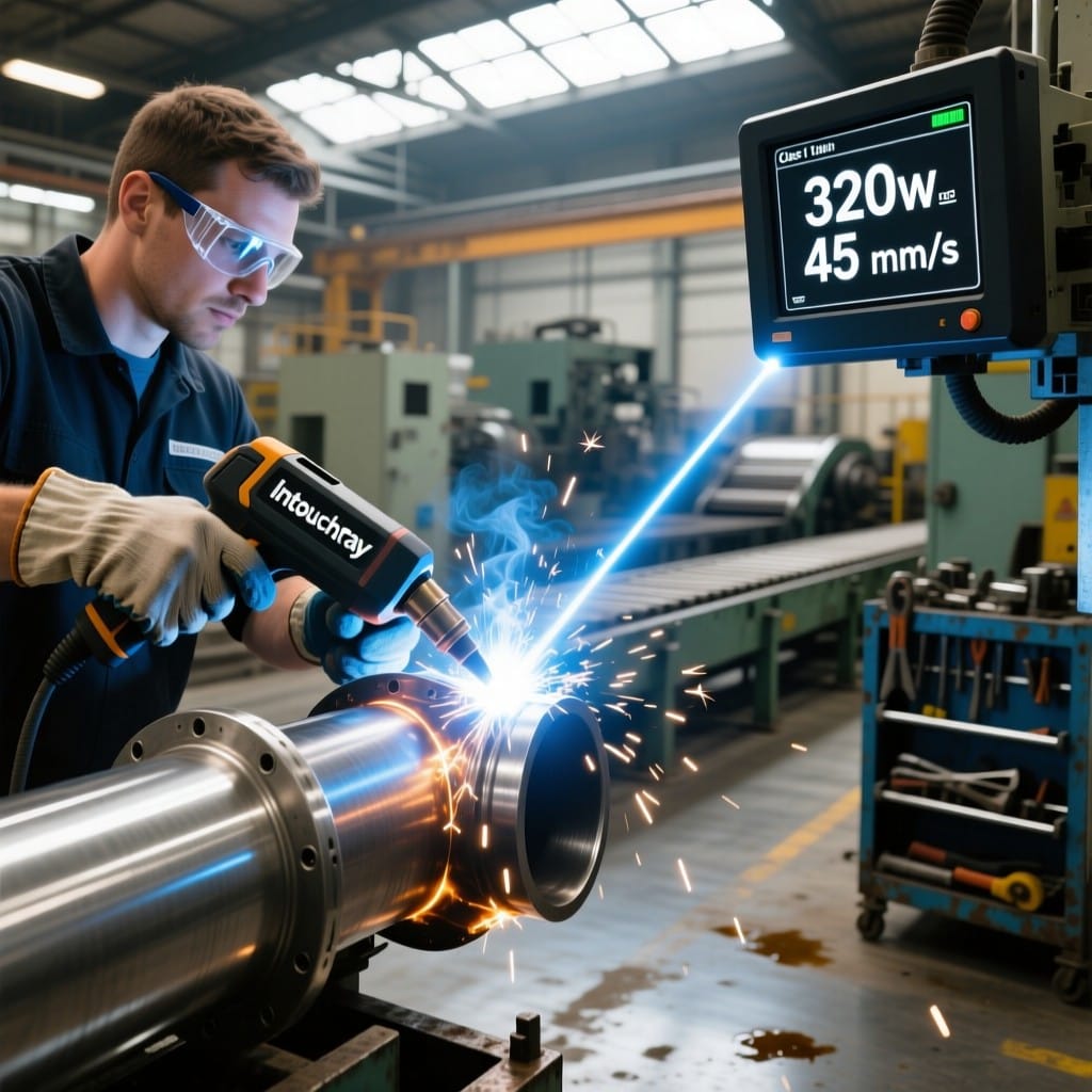 Intouchray handheld laser welder deployed in automotive parts factory with operator using minimal protective gear under Class 1 safety rating