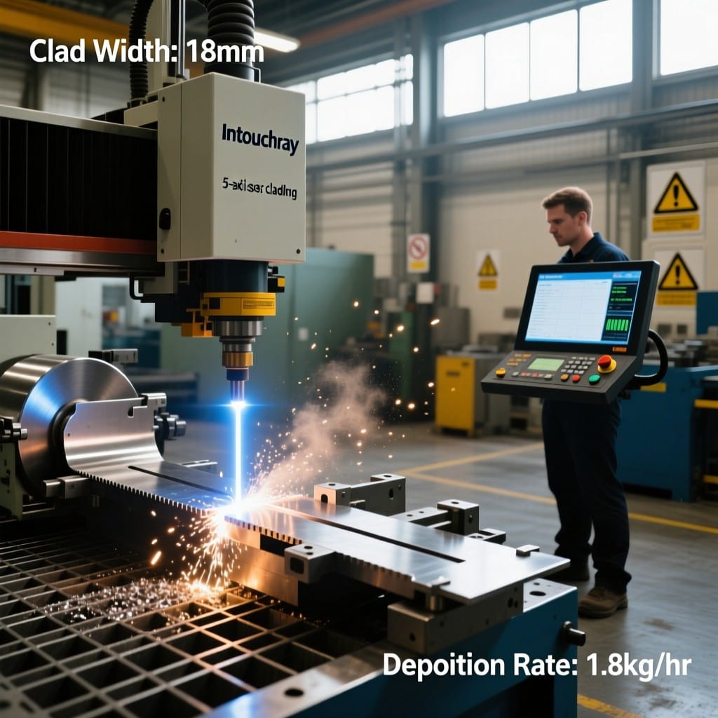 Intouchray laser cladding system restoring food-grade blades with real-time HRC 62 hardness data on display